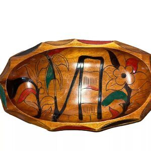 Vintage Wood Hand Carved Hand Painted Oval Bowl Floral Design Mid Century